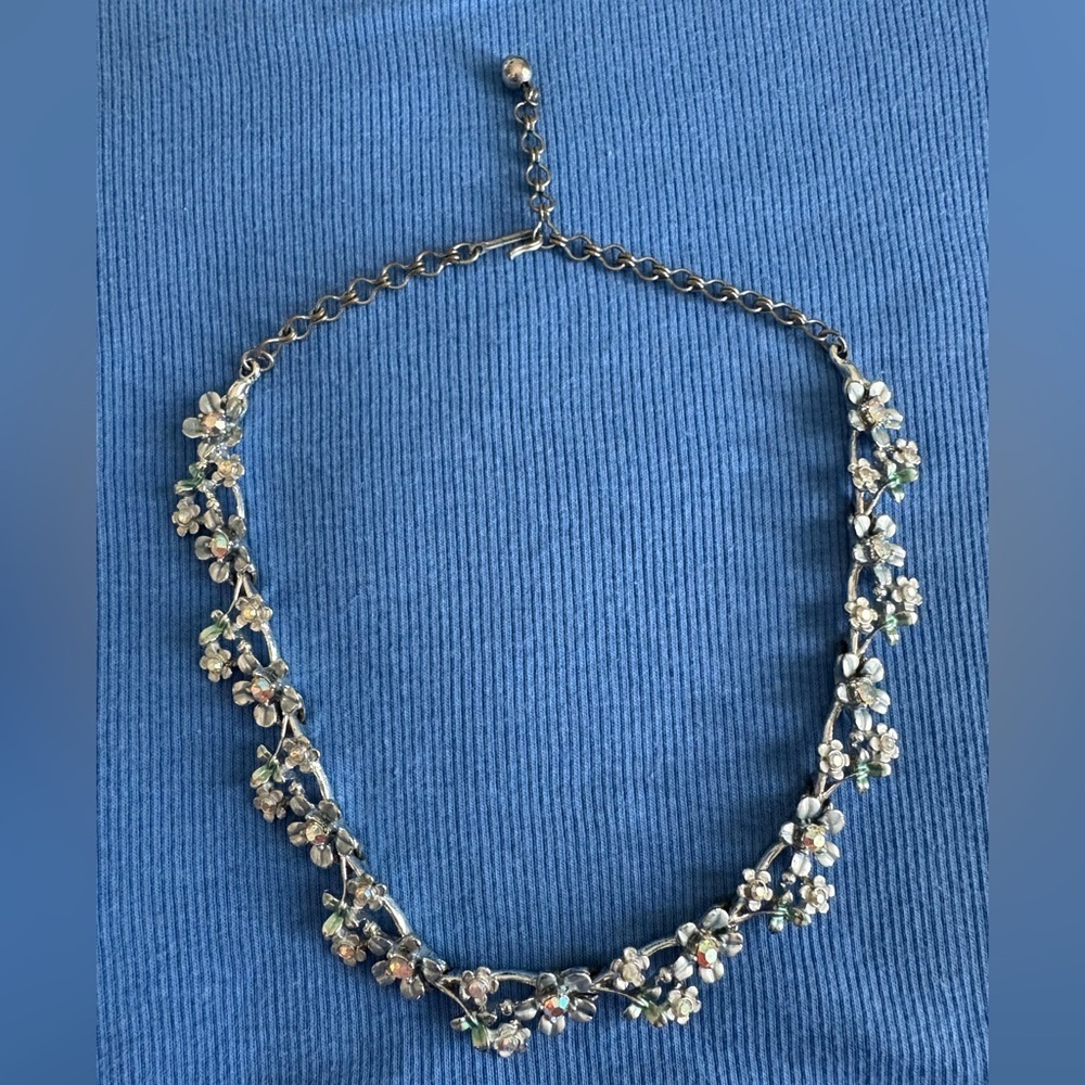 Floral Necklace with Silver and Green Accents Formal